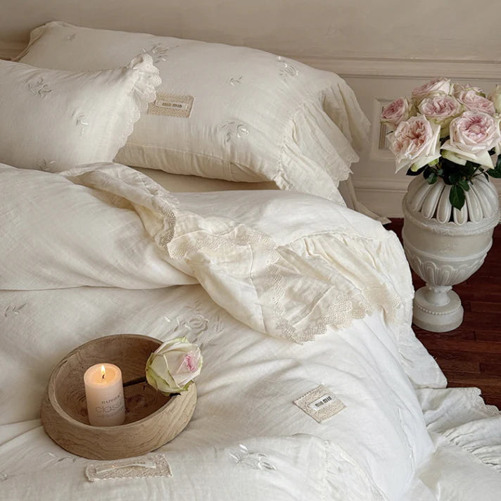 Blush Cream Ruffle Lace Bedding Set