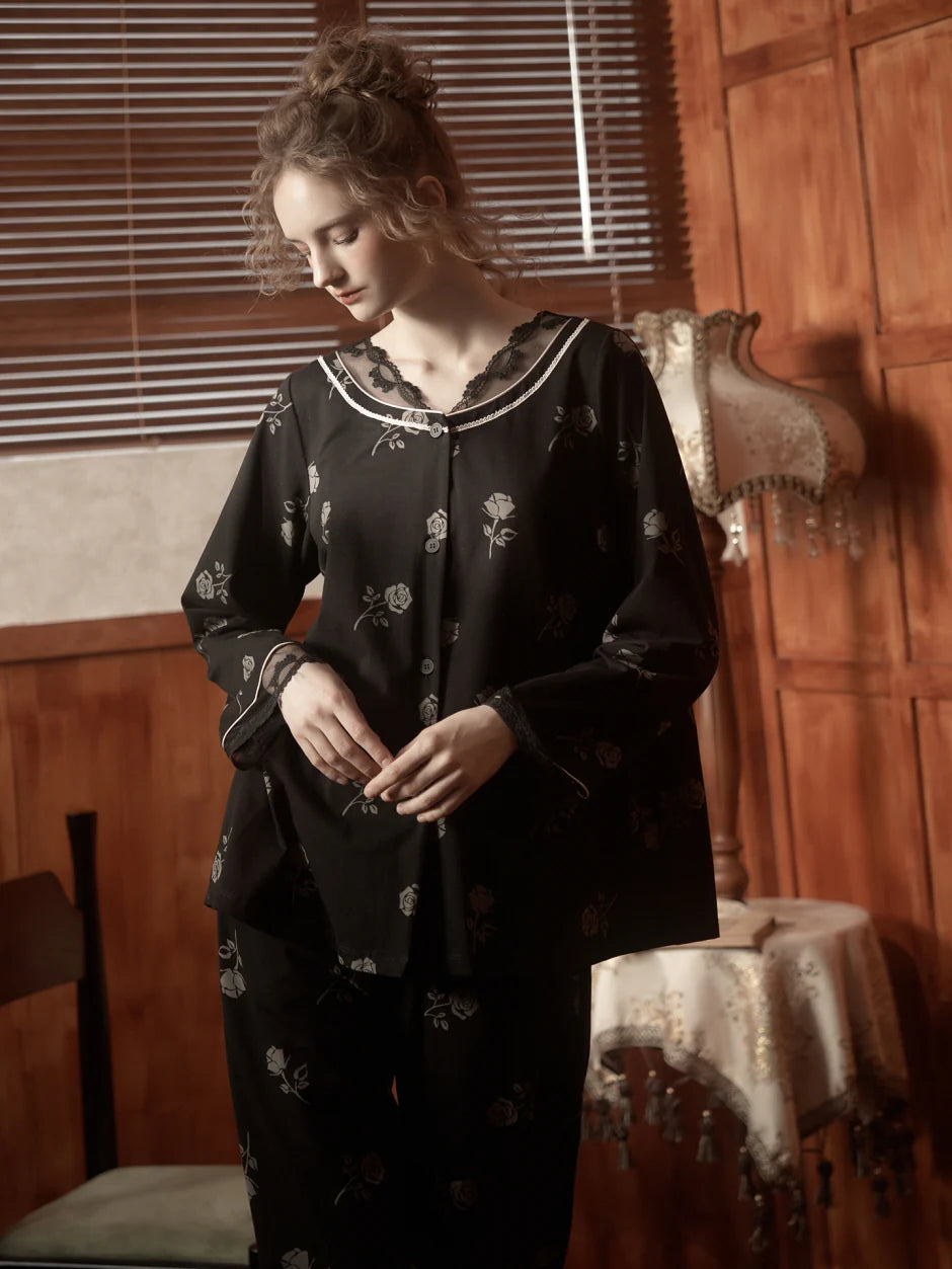 Vintage Rose Lace Trim Pajama Set