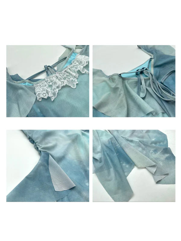 Sky Ruffle Mesh Dress with Bow