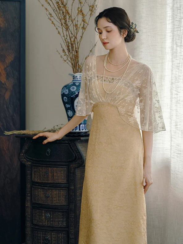 Golden Bloom Lace Overlay Dress