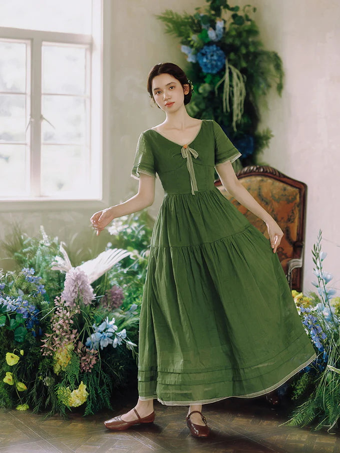 Woodland Green Bow‑Tie Dress