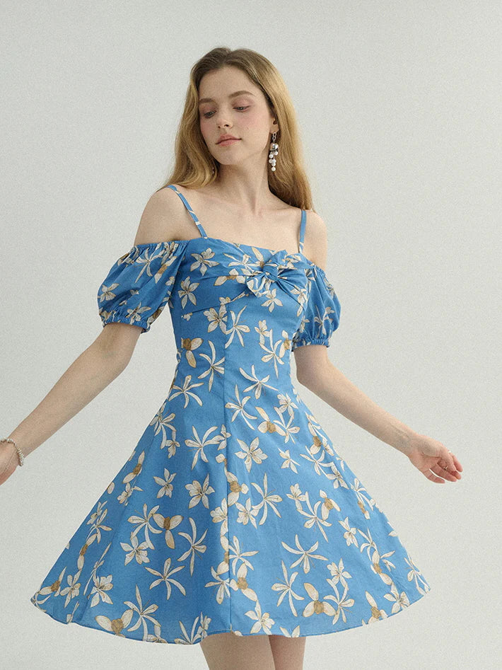Blue Floral Off-Shoulder Summer Dress