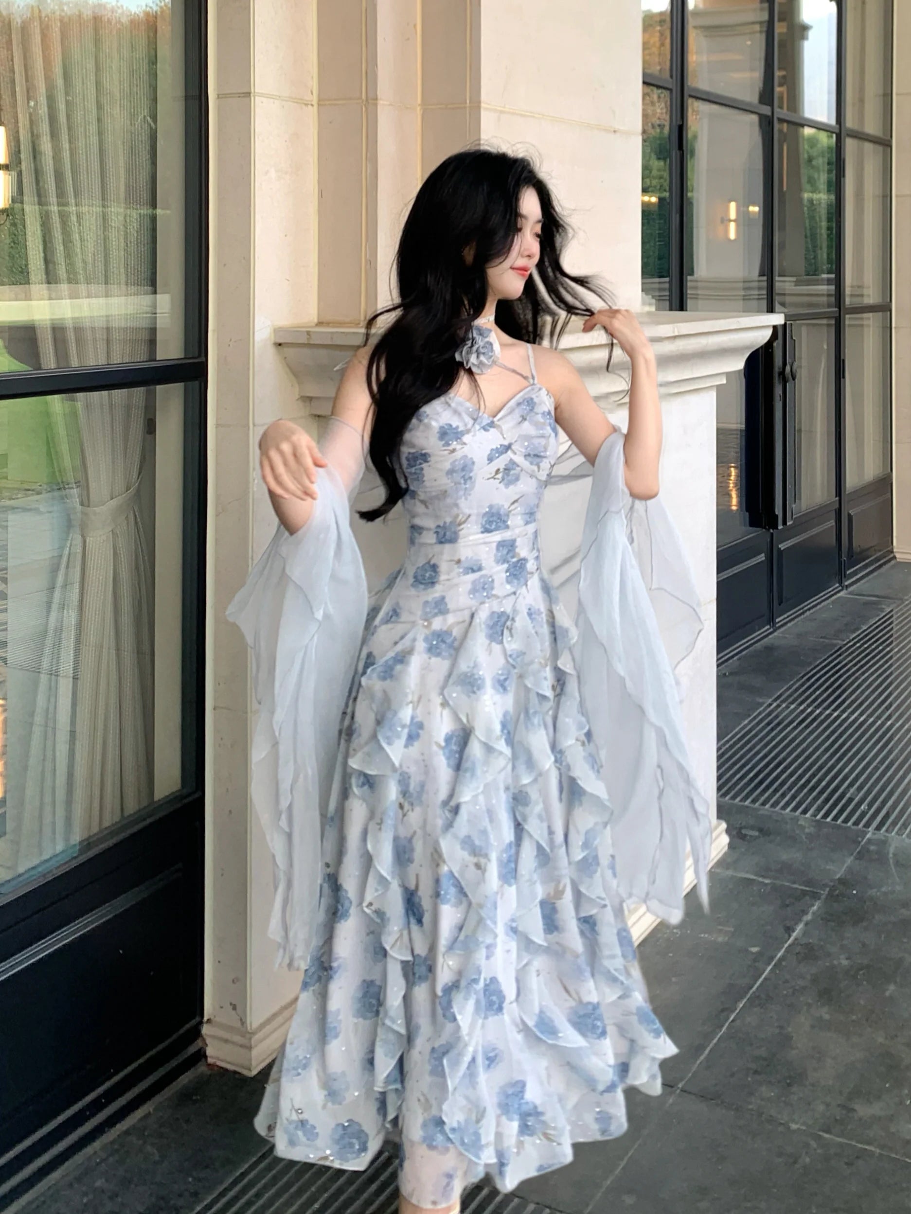 Whimsical Bloom Ruffle Chiffon Dress