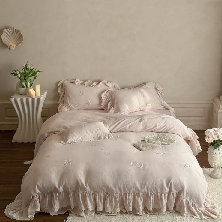 Pink Rose Embroidered Ruffle Bedding Set