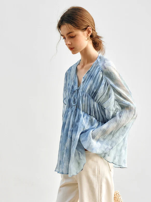 Cloudy Sky Sheer Pleated Blouse
