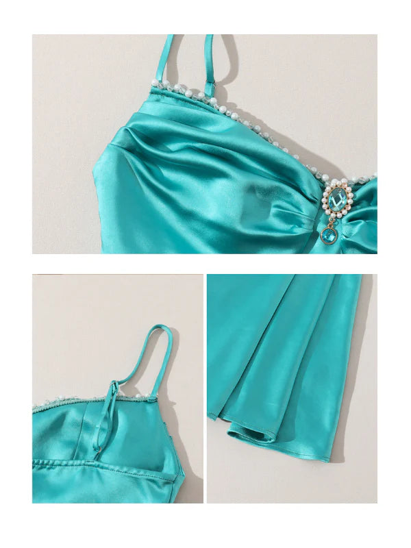 Turquoise Moonlit Satin Jewel Dress