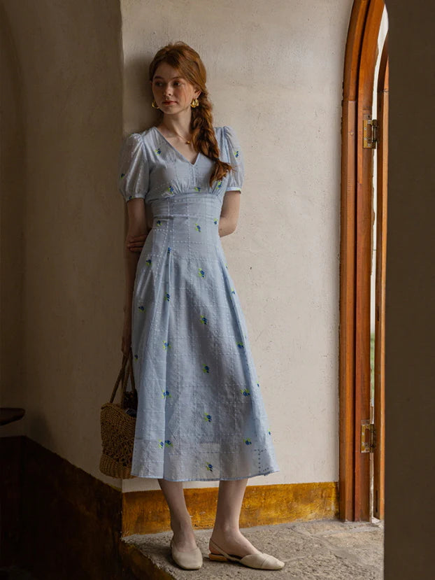 Dreamy Blue Blossom Embroidered Dress