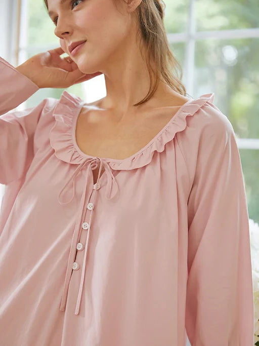 Blush Pink Ruffle-Trim Modal Cotton Nightgown