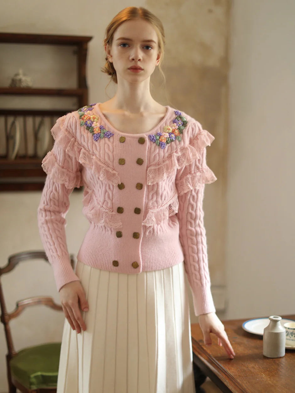 Delicate Floral Embroidered Ruffle Cardigan