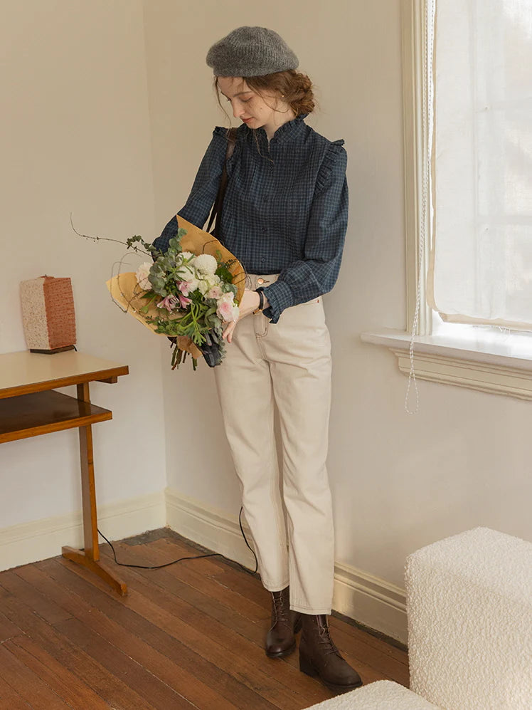 Vintage-Inspired Ruffled Plaid Blouse