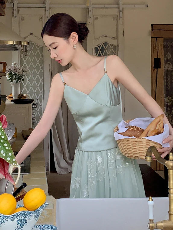 Whispering Petal Satin Top & Embroidered Tulle Skirt