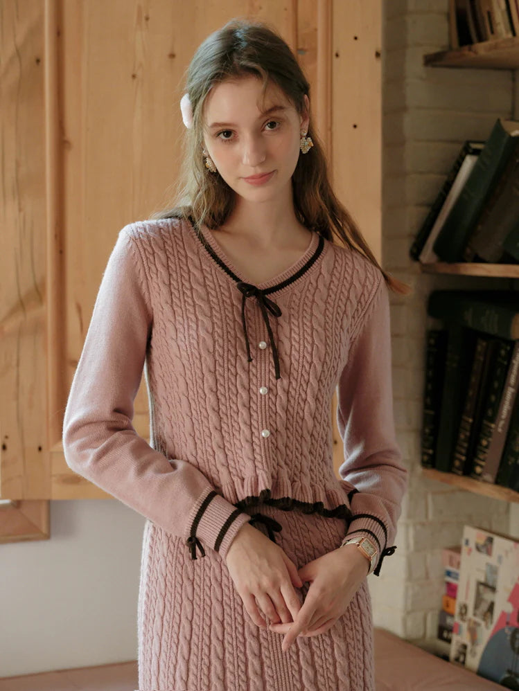 Ribbon Trim Ruffle Knit Cardigan