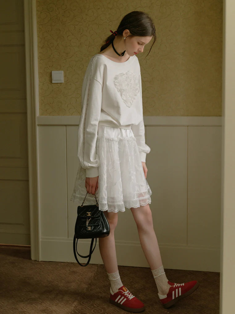 Coquette Lace Heart Off-Shoulder Sweatshirt