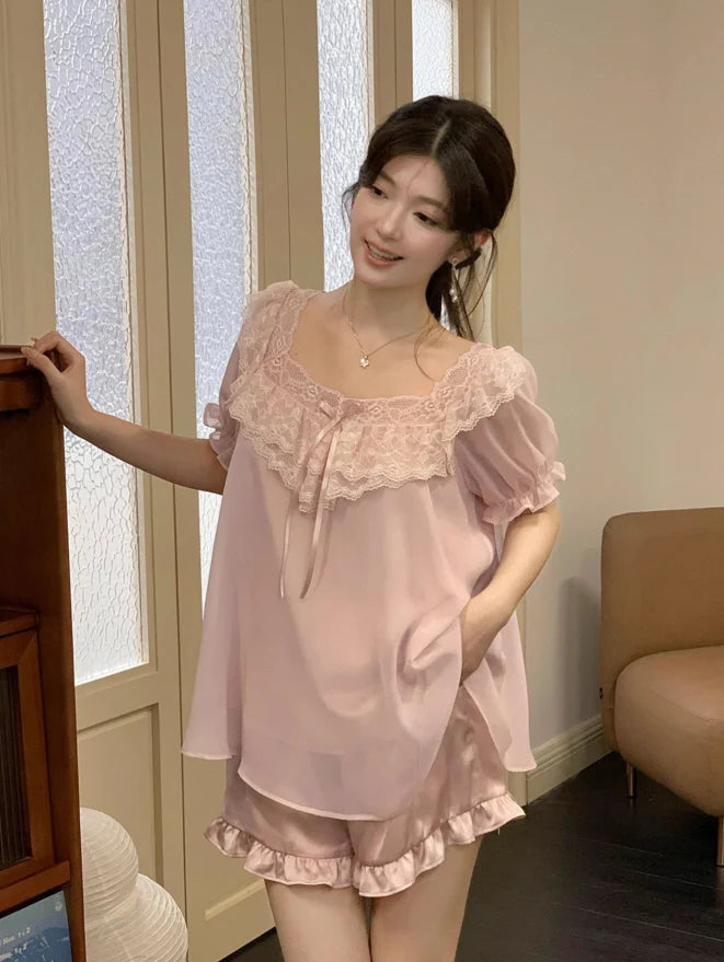 Blush Ruffle Lace Chiffon Pajama Set