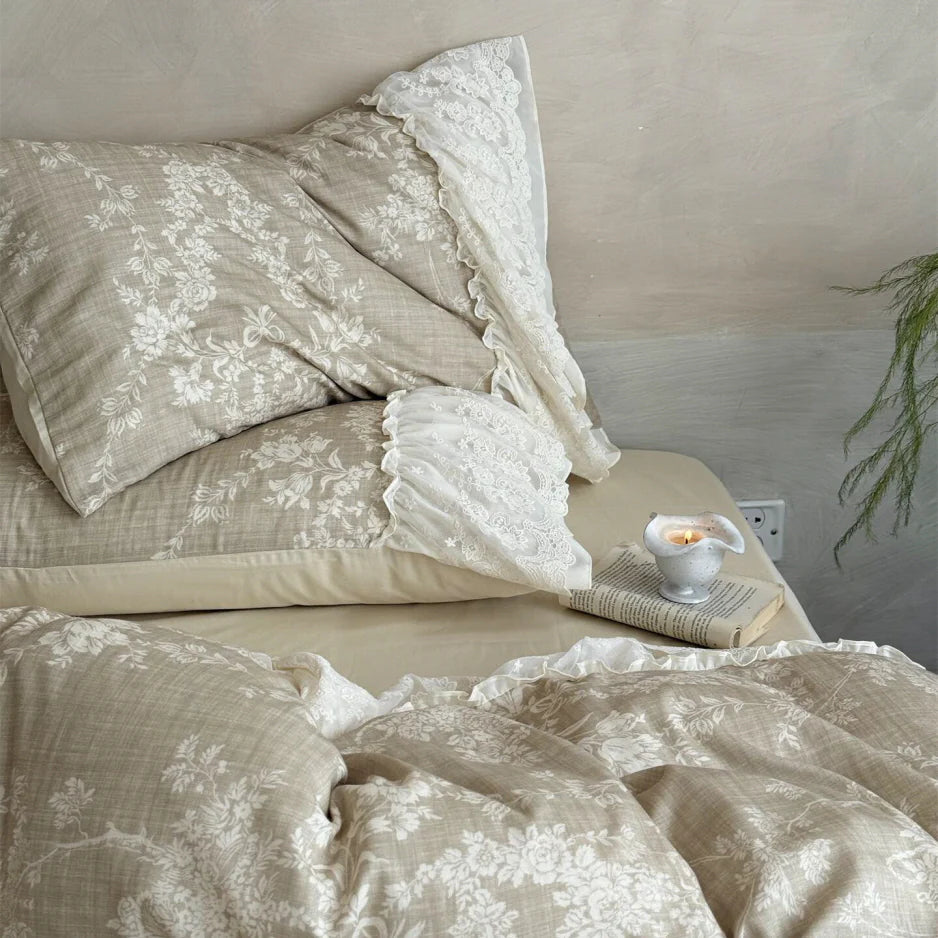 Beige Floral Lace Ruffle Bedding Set