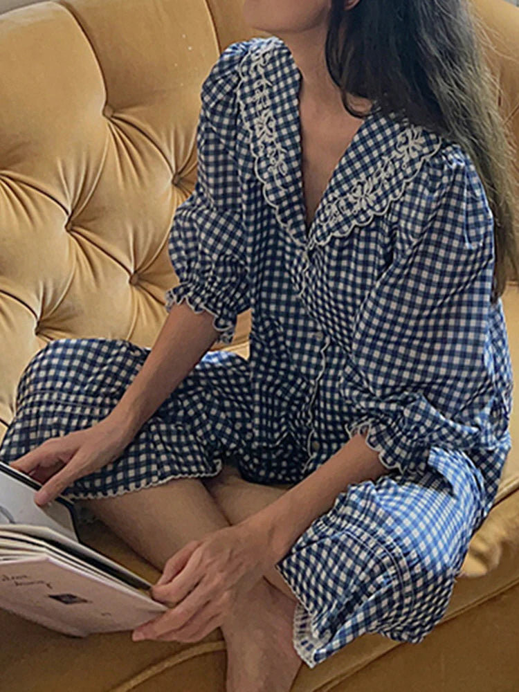 Navy Gingham Lace Collar Pajama Set