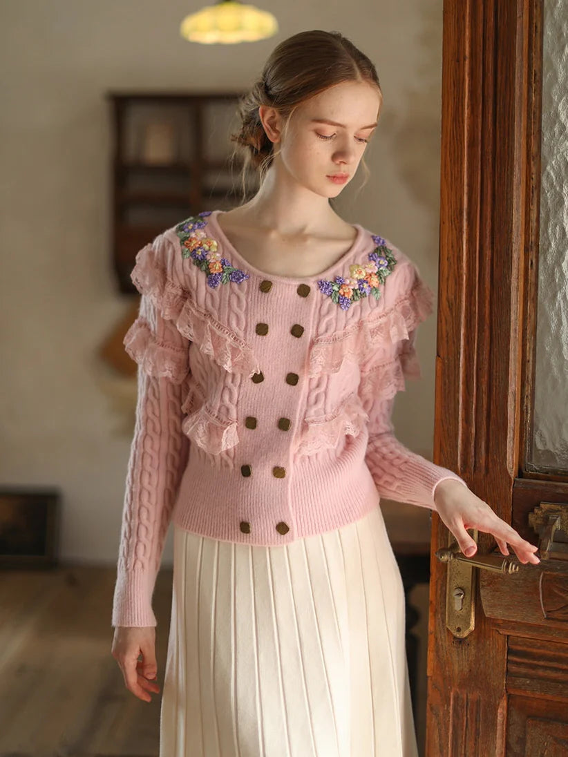 Delicate Floral Embroidered Ruffle Cardigan