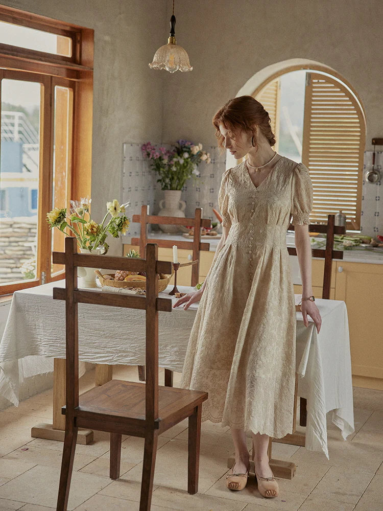 Vintage Lace Buttoned Puff Sleeve Dress