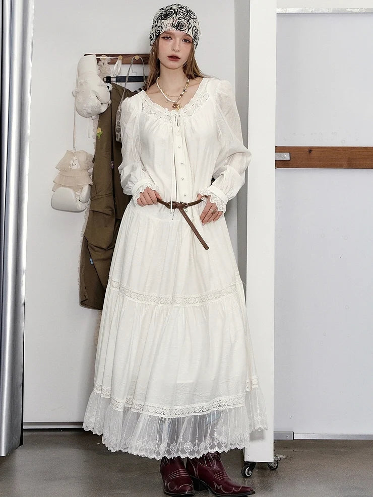 Ethereal Lace Trim Tiered Long Dress