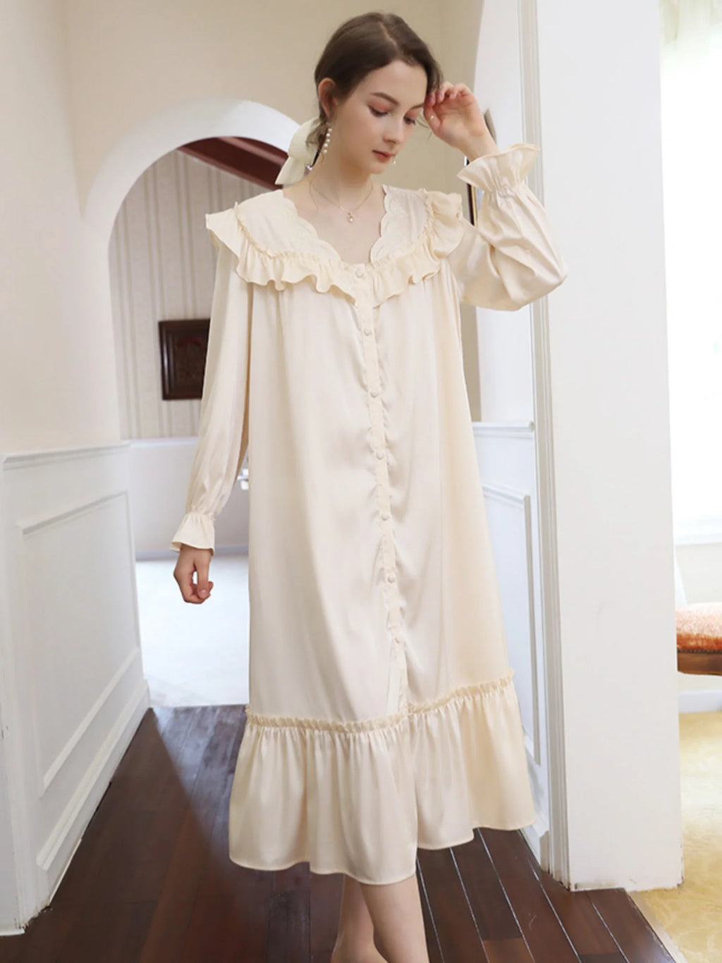 Vintage-Inspired Cream Ruffle  Nightgown