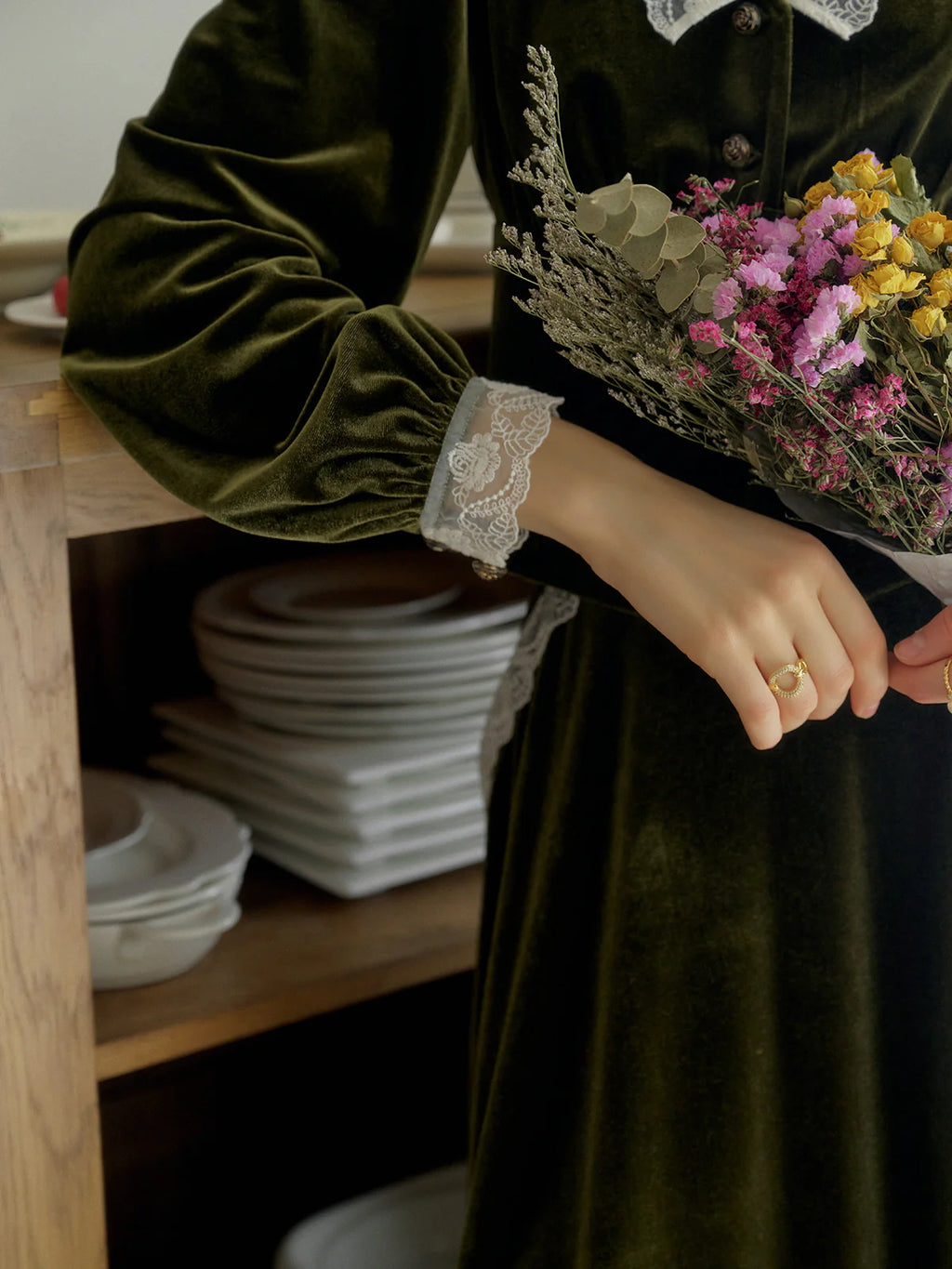 Velvet Elegance Green Lace-Trim Blouse