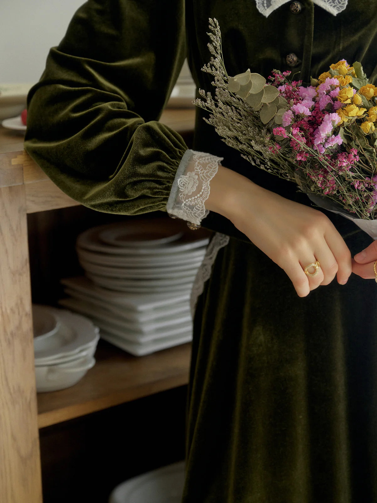 Velvet Elegance Green Lace-Trim Blouse