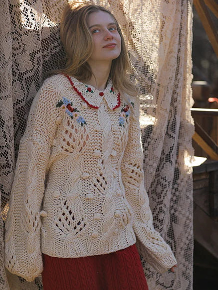 Floral Collared Cozy Knit Sweater