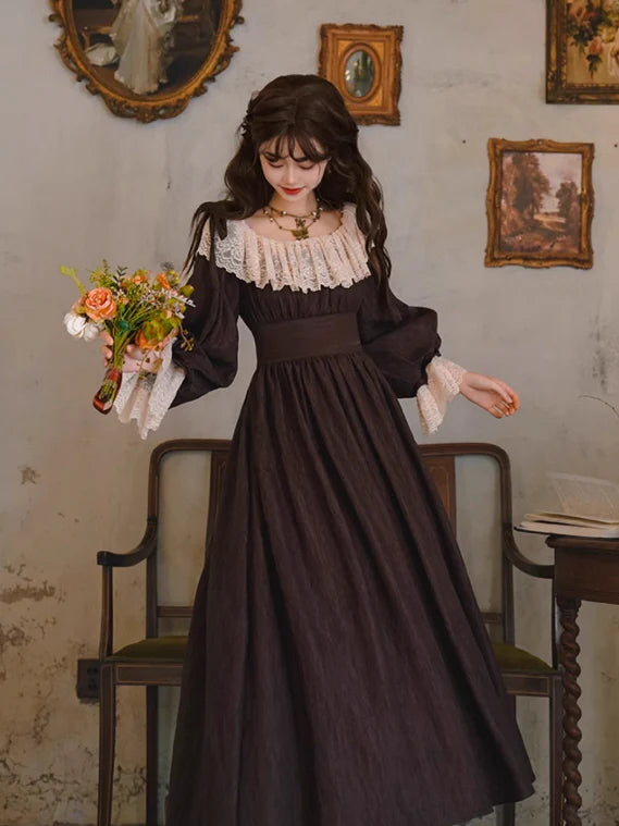 Mocha Reverie Vintage Lace Long Dress