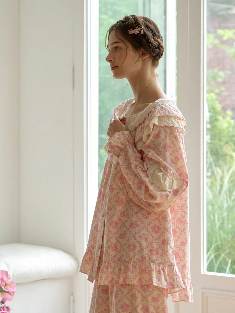 Pink Floral Lace Ruffle Loungewear Set