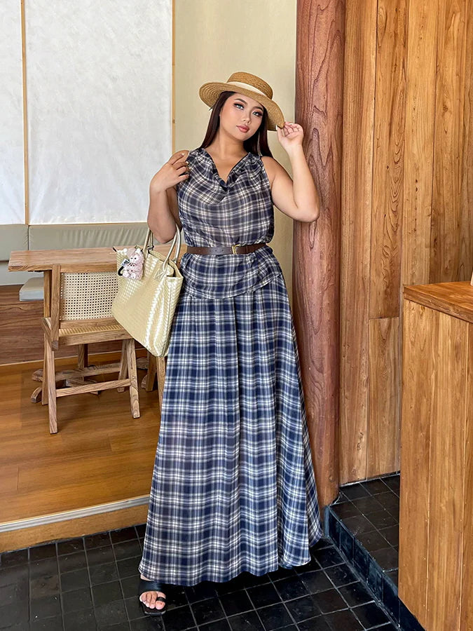 Vintage Check Sleeveless Top & Maxi Skirt Set
