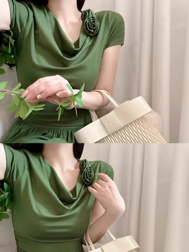 Emerald Whisper Draped Neckline Dress