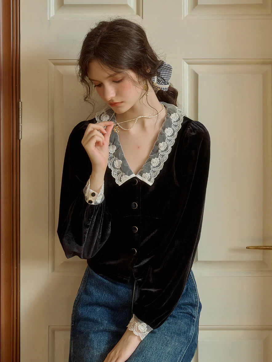 Lace Trim Velvet Black Blouse