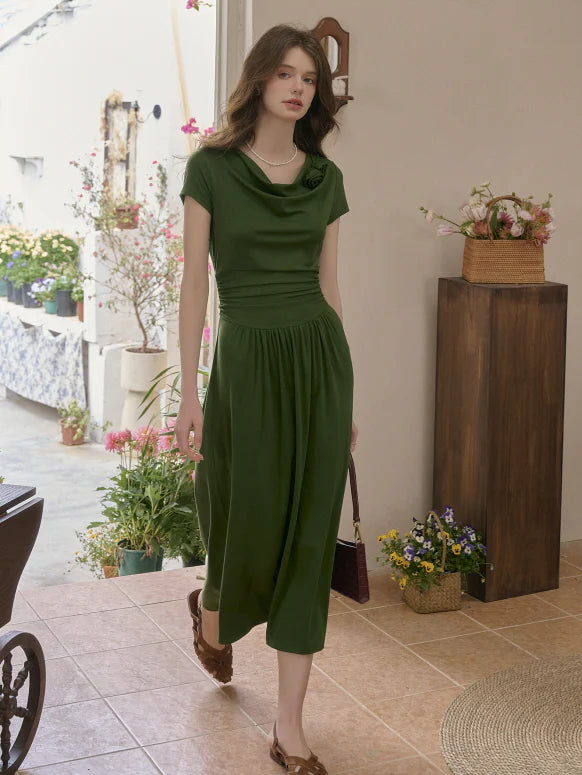 Emerald Whisper Draped Neckline Dress