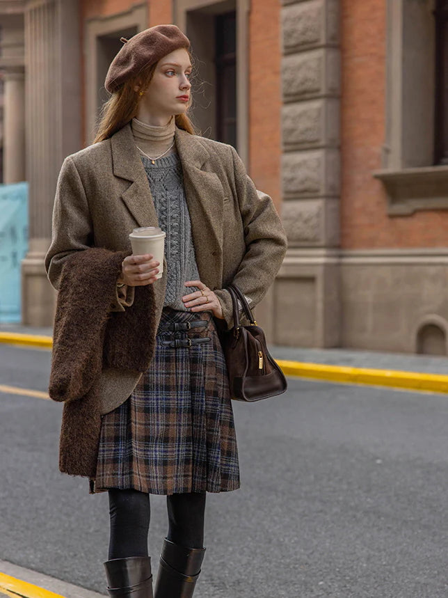 Vintage Wool Plaid Buckle Blue Checkered Skirt
