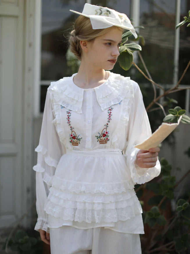 Flower Basket Embroidery Linen Blouse