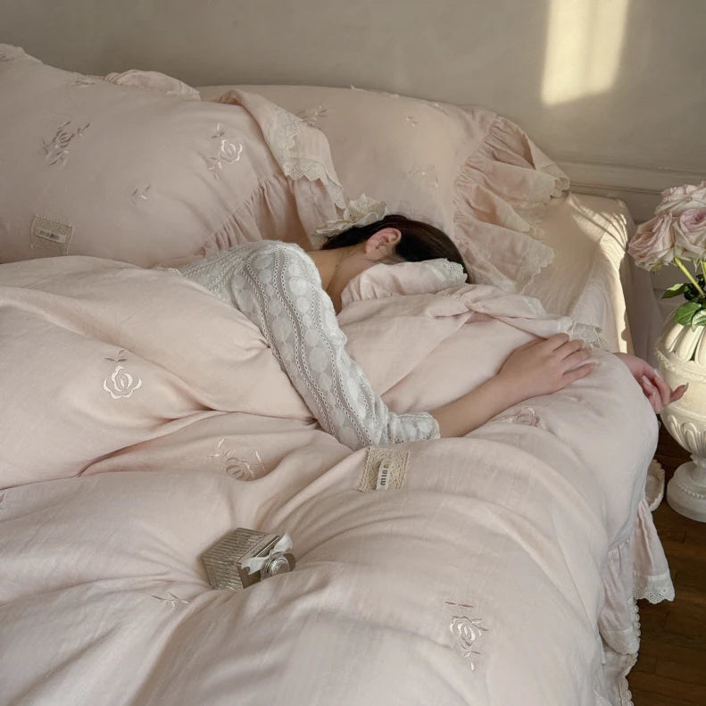 Pink Rose Embroidered Ruffle Bedding Set