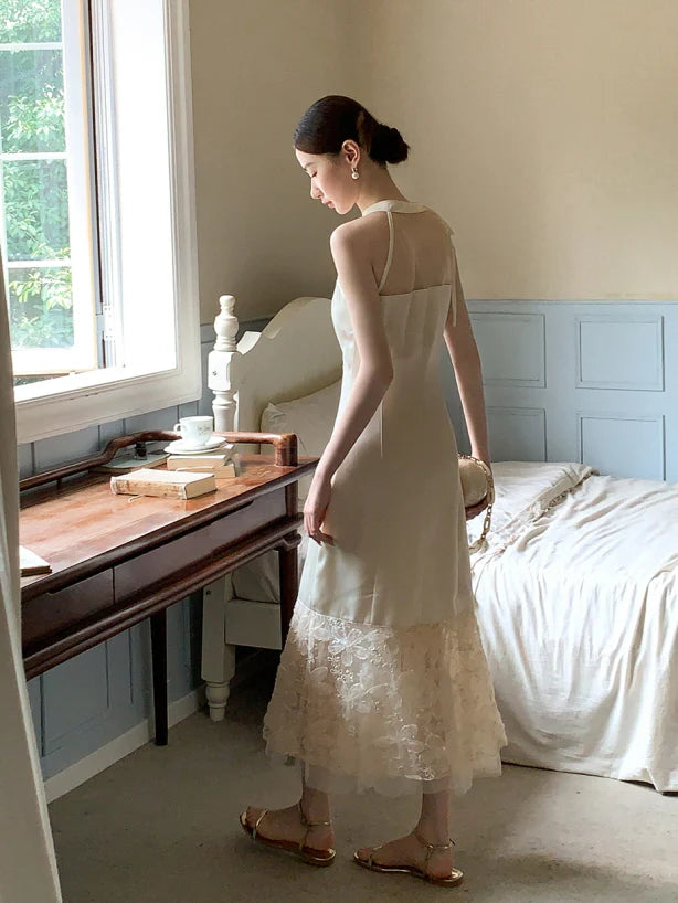 Moonlight Petal Lace Halter Dress