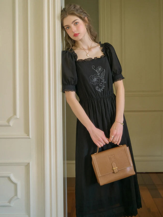 Noir Rose Embroidered Vintage Black Dress