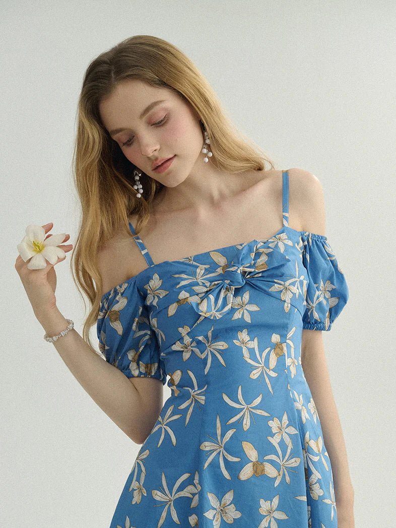 Blue Floral Off-Shoulder Summer Dress