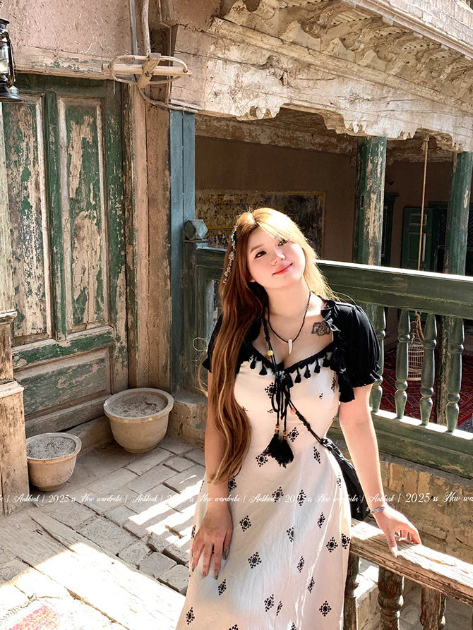 Black Tassel Embroidery Layered Dress