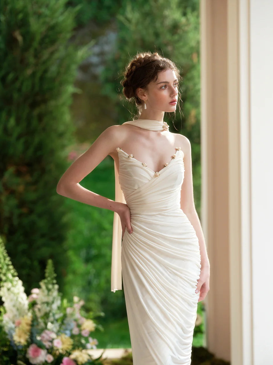 Enchanted Pearl Blossom Ruched Gown