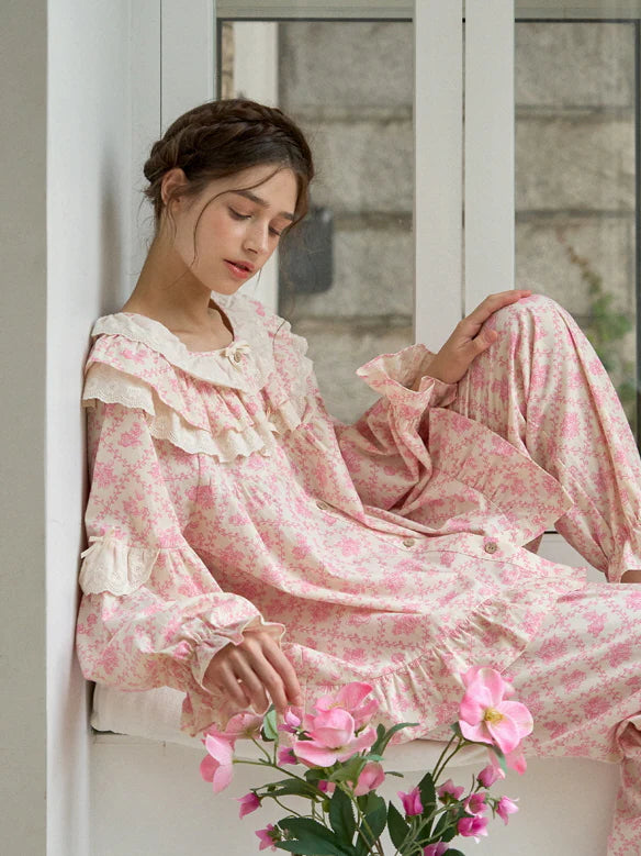 Pink Floral Lace Ruffle Loungewear Set