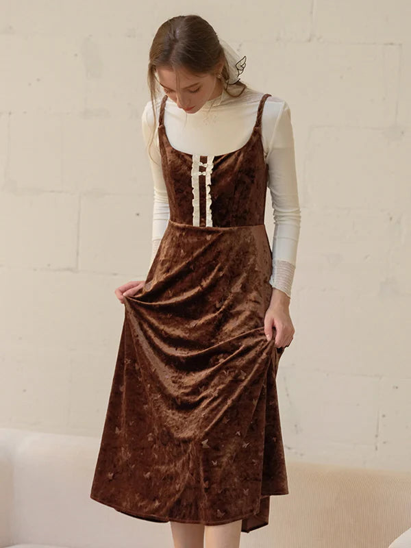 Butterfly Embossed Velvet Pinafore Dress
