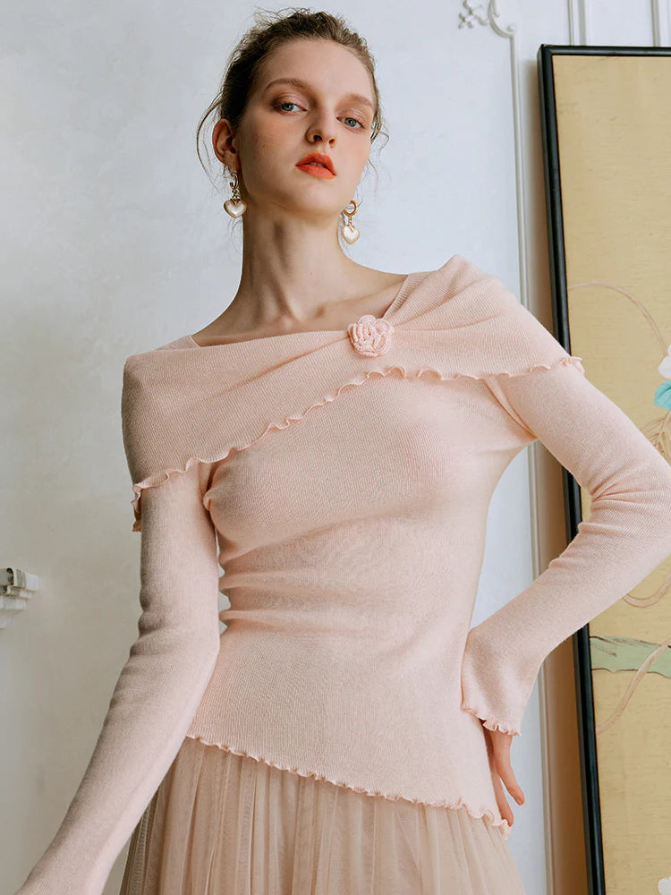 Rosette Charm Asymmetrical Knit Top