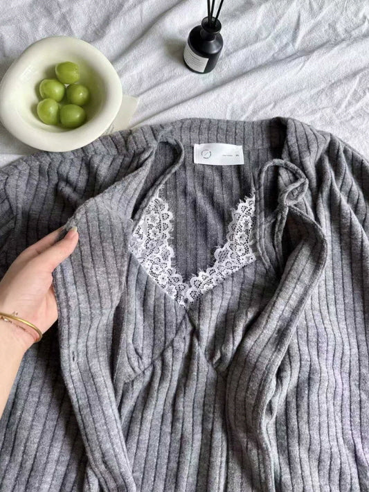 Gray Lace Trim Ribbed Pajama Set