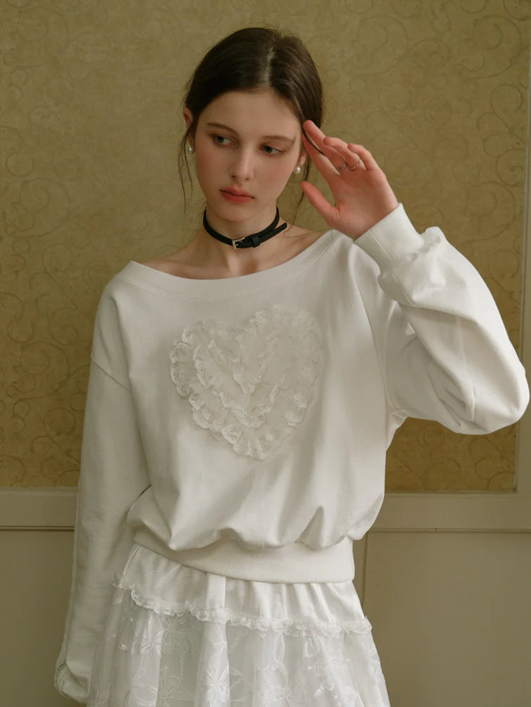 Coquette Lace Heart Off-Shoulder Sweatshirt