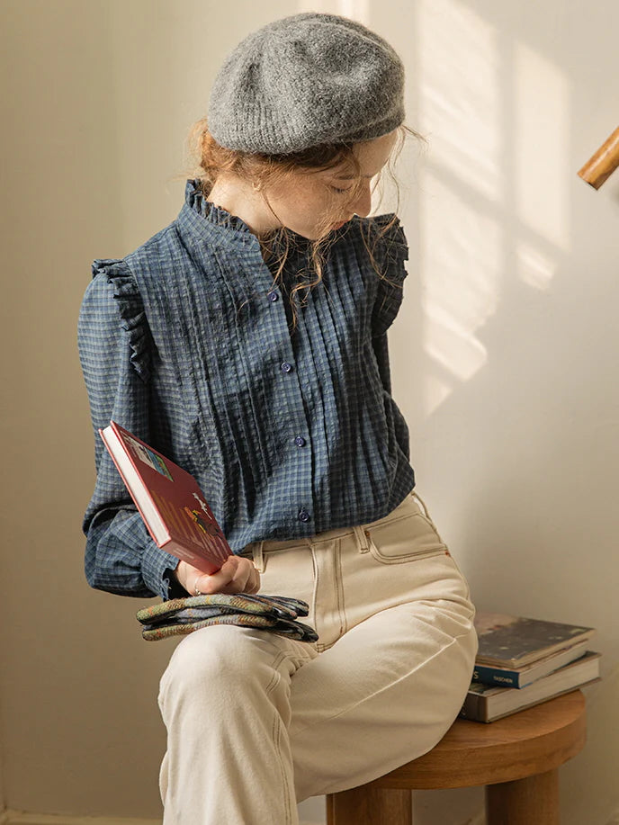 Vintage-Inspired Ruffled Plaid Blouse