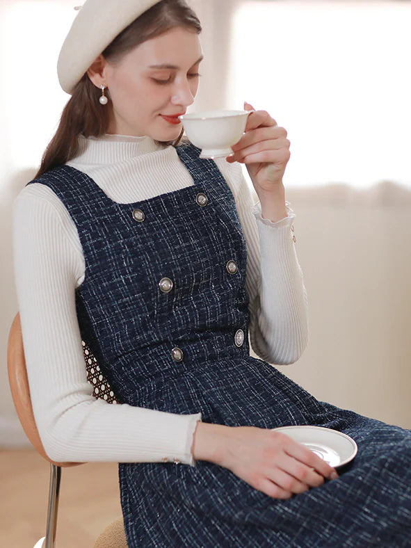 Navy Tweed Double-Breasted Dress