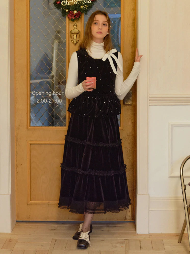 Midnight Pearl Velvet Peplum Vest