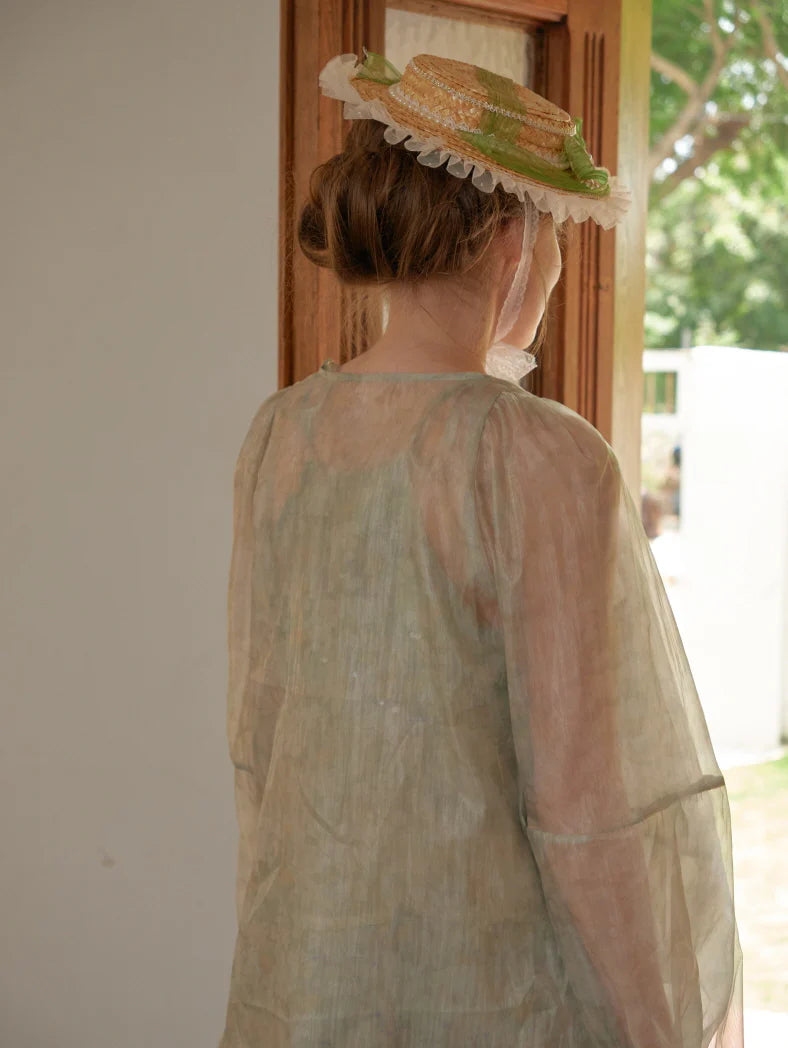 Pastel Green Floral Two-Piece Set – Sheer Cardigan & Tiered Dress